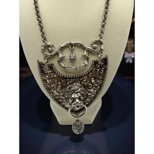 Vintage Lion Doorknocker Silver Tone Statement Pendant Necklace